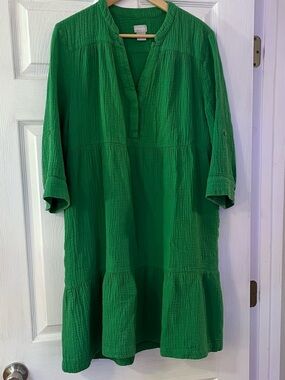 Chico's Tropical Green 3/4 Sleeve Tiered 100% Cotton V-neck Dress Boho Summer